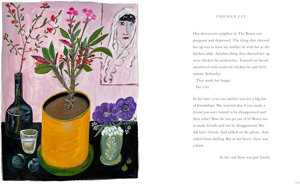 Open book page with still life: bottle, yellow jug, purple flowers, small vase