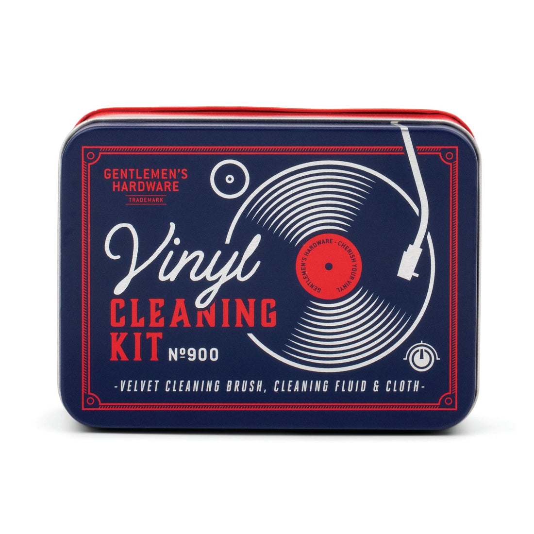 Vinyl cleaning kit tin with blue front, red trim, and record graphic