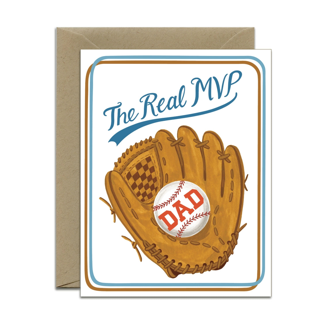 Dad greeting card with "The Real MVP" script, baseball glove and "DAD" baseball graphic