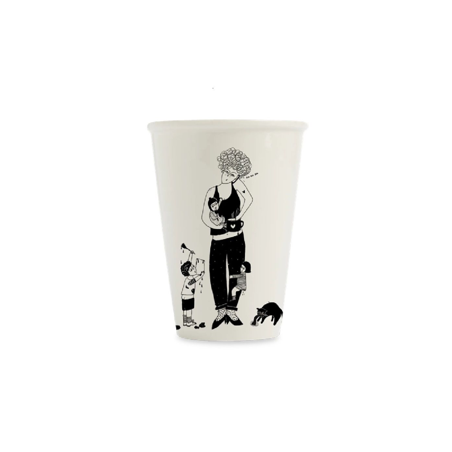 White porcelain cup with black illustration of a woman holding kids and pets