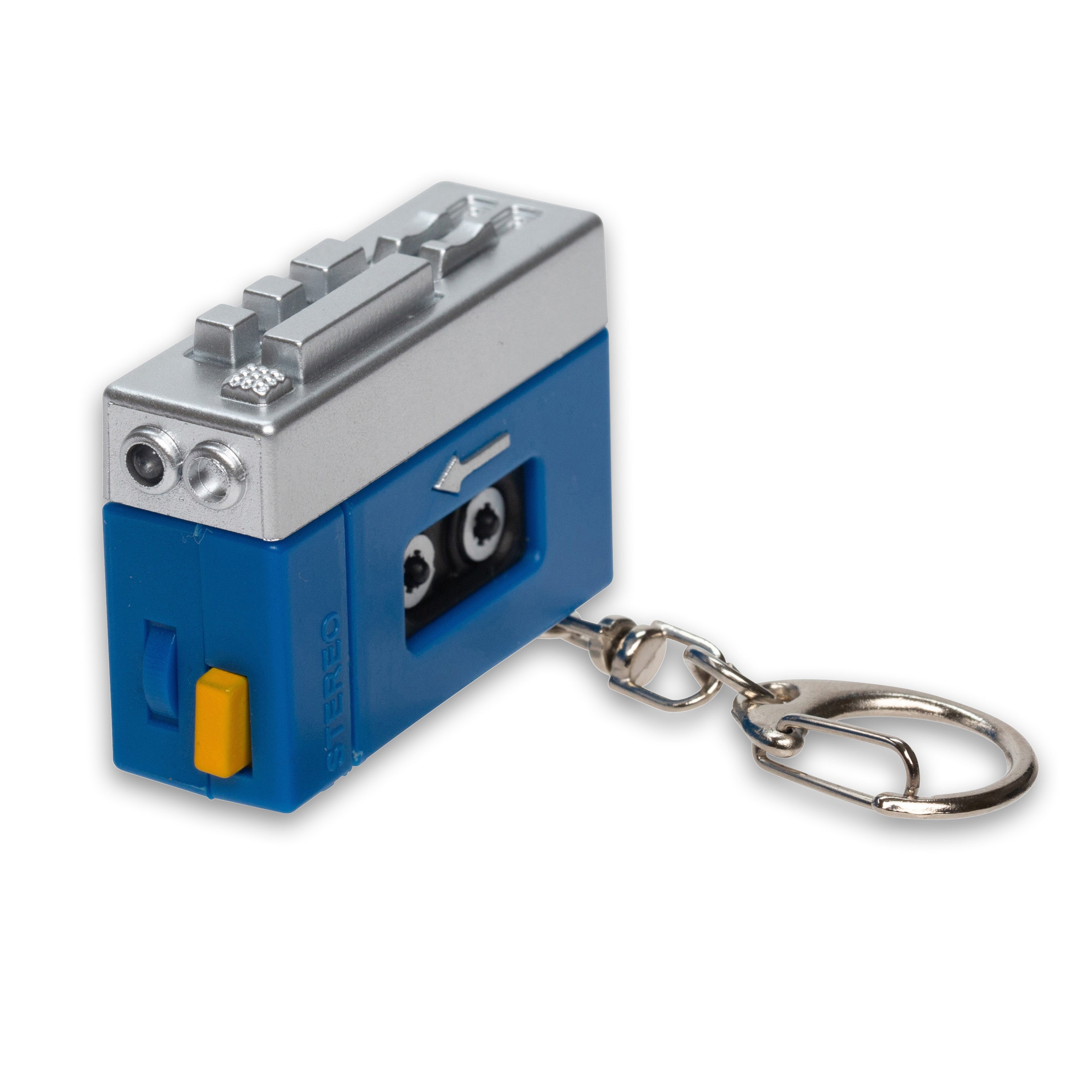 Blue and silver cassette-style tape player LED keychain with metal key ring