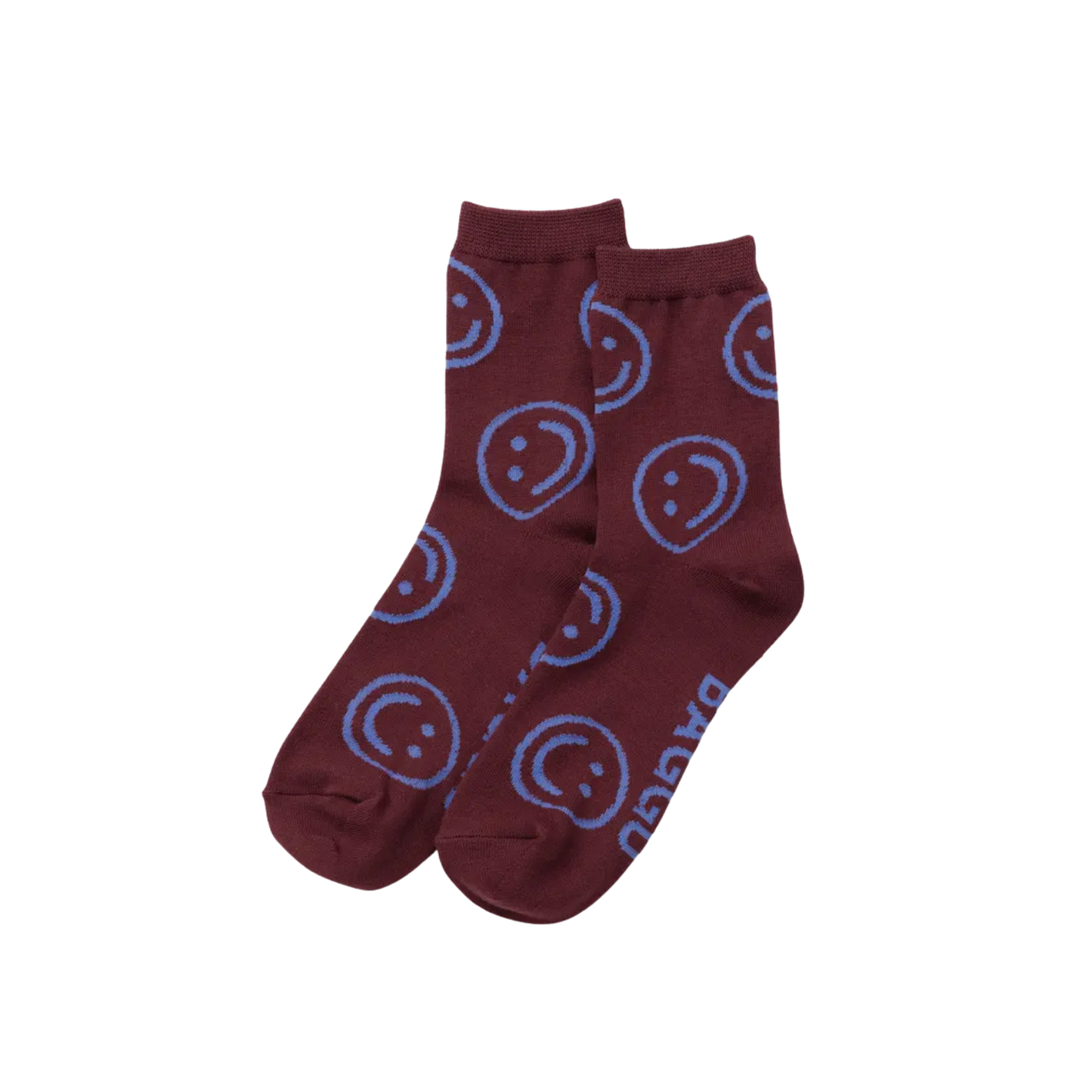 Crew-length socks in dark maroon with blue smiley face pattern, two-pack view.