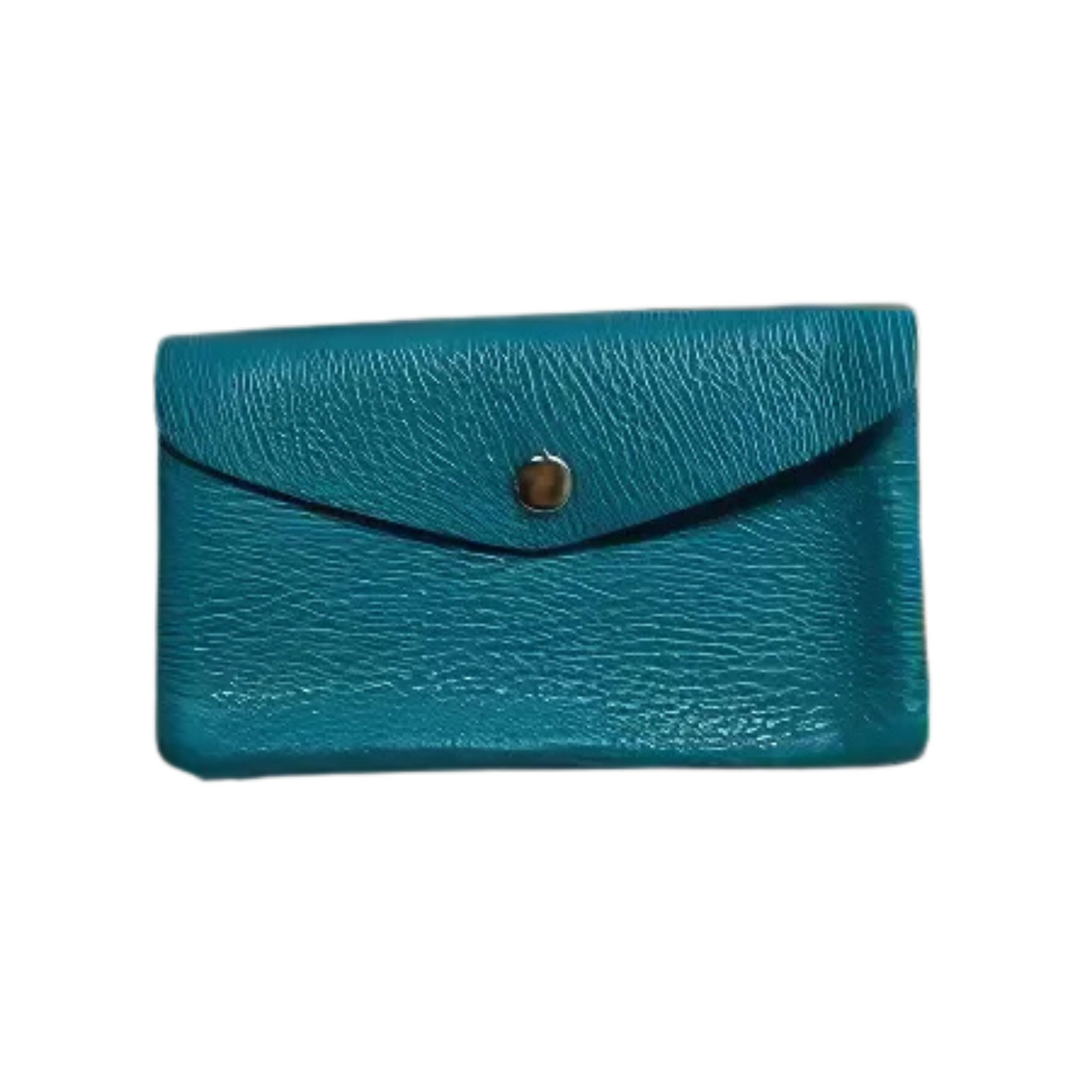 Turquoise pebble leather wallet with snap flap and brass button