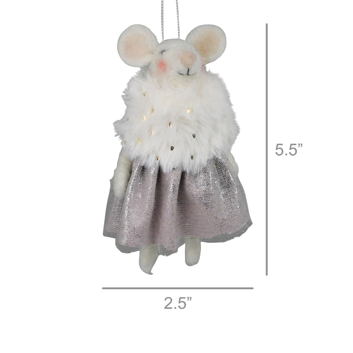 Felt mouse ornament, white felt head and glitter gray dress, 5.5 in tall