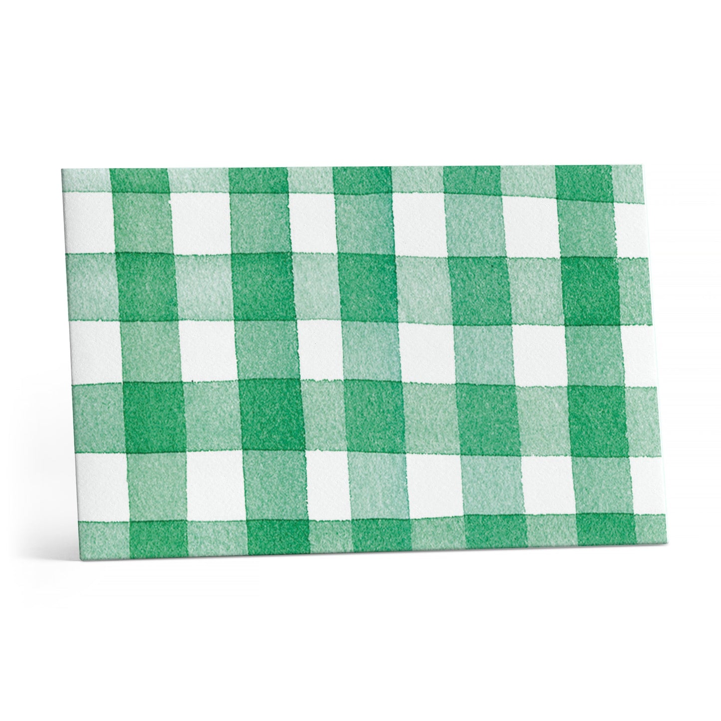 Green and white gingham note cards back cover, folded rectangular pack
