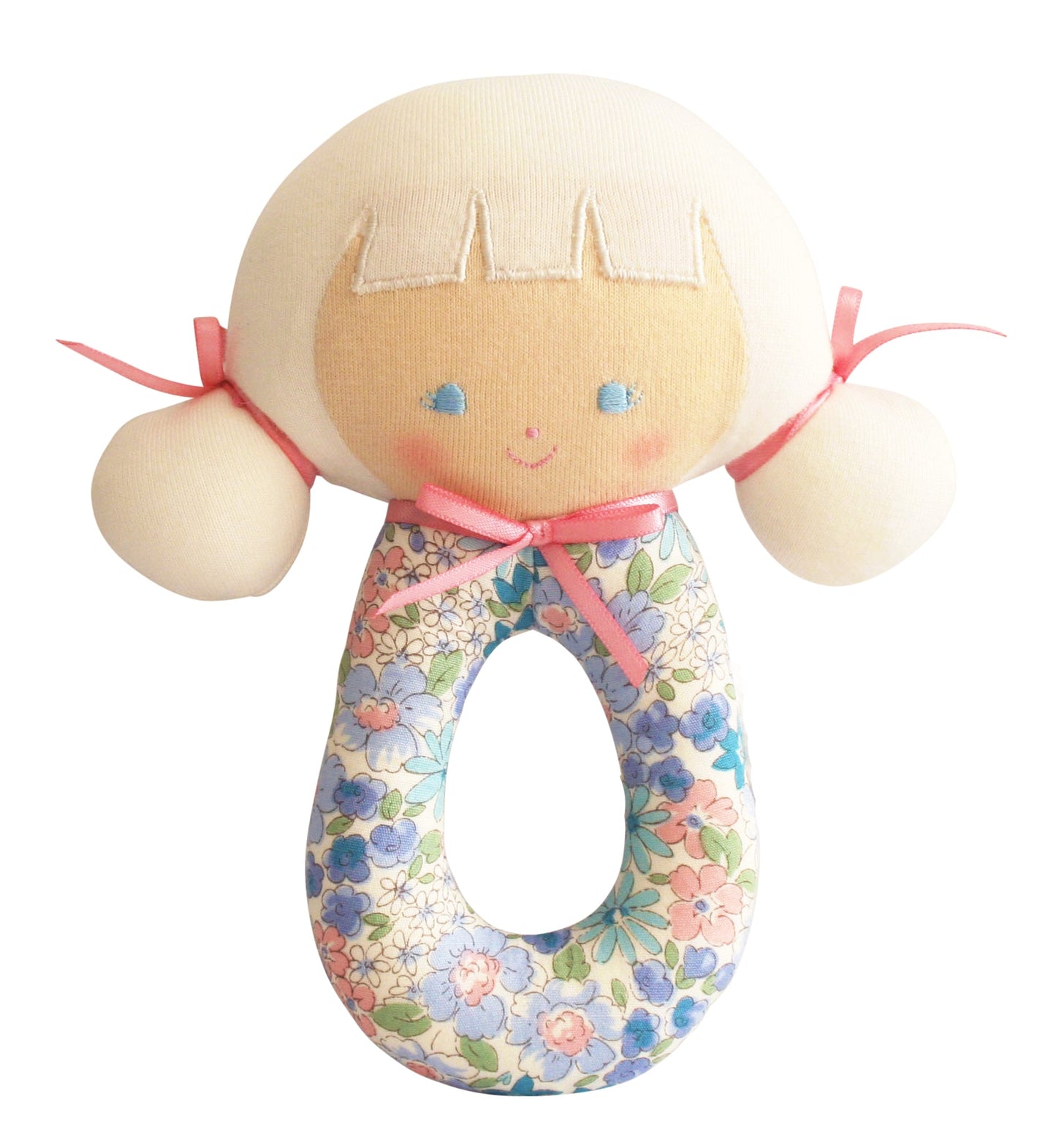 Plush letter O baby grab rattle with floral print, smiling face, ribbon ties
