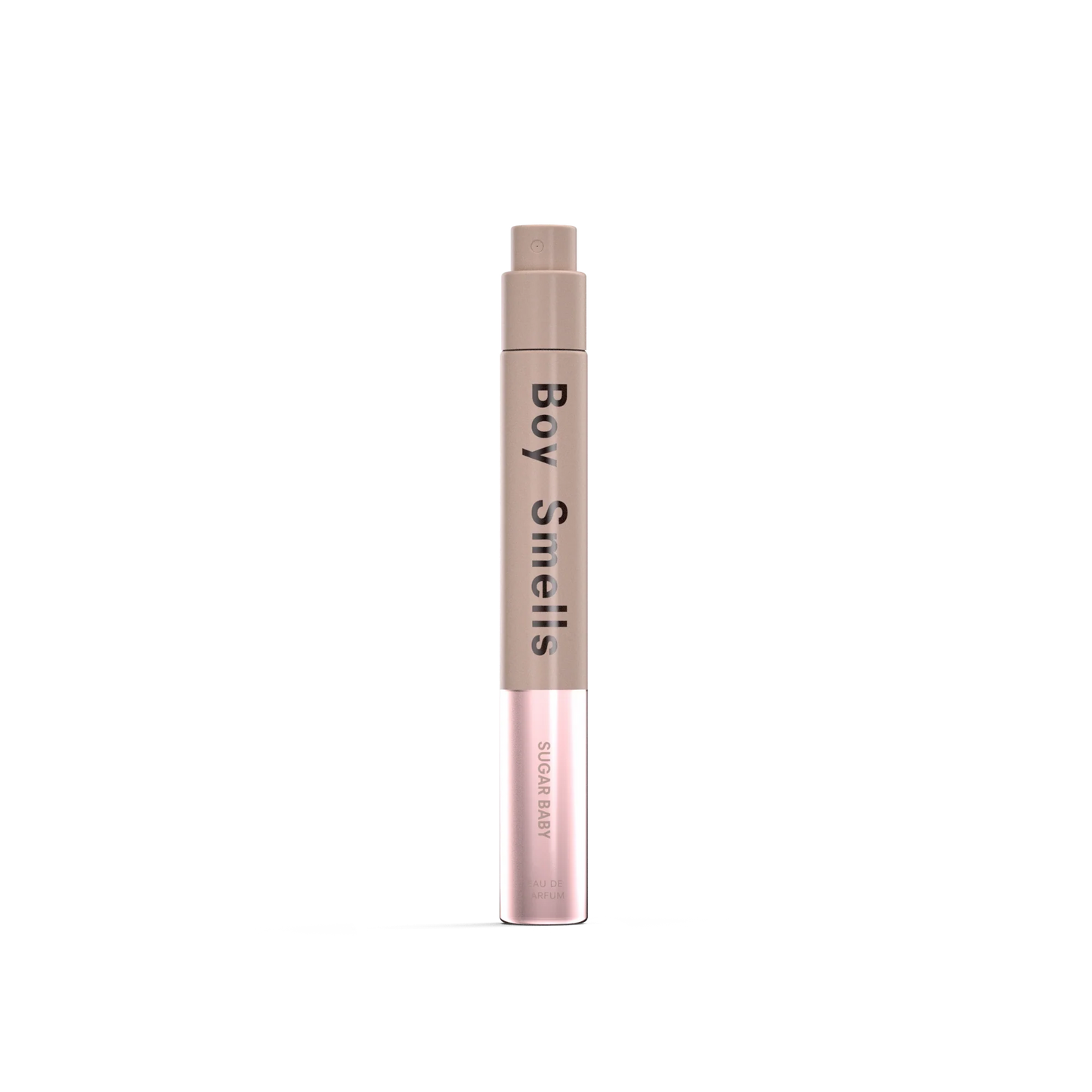 10 ml fragrance bottle, rose-pink cylinder with beige cap and Body Smiles label