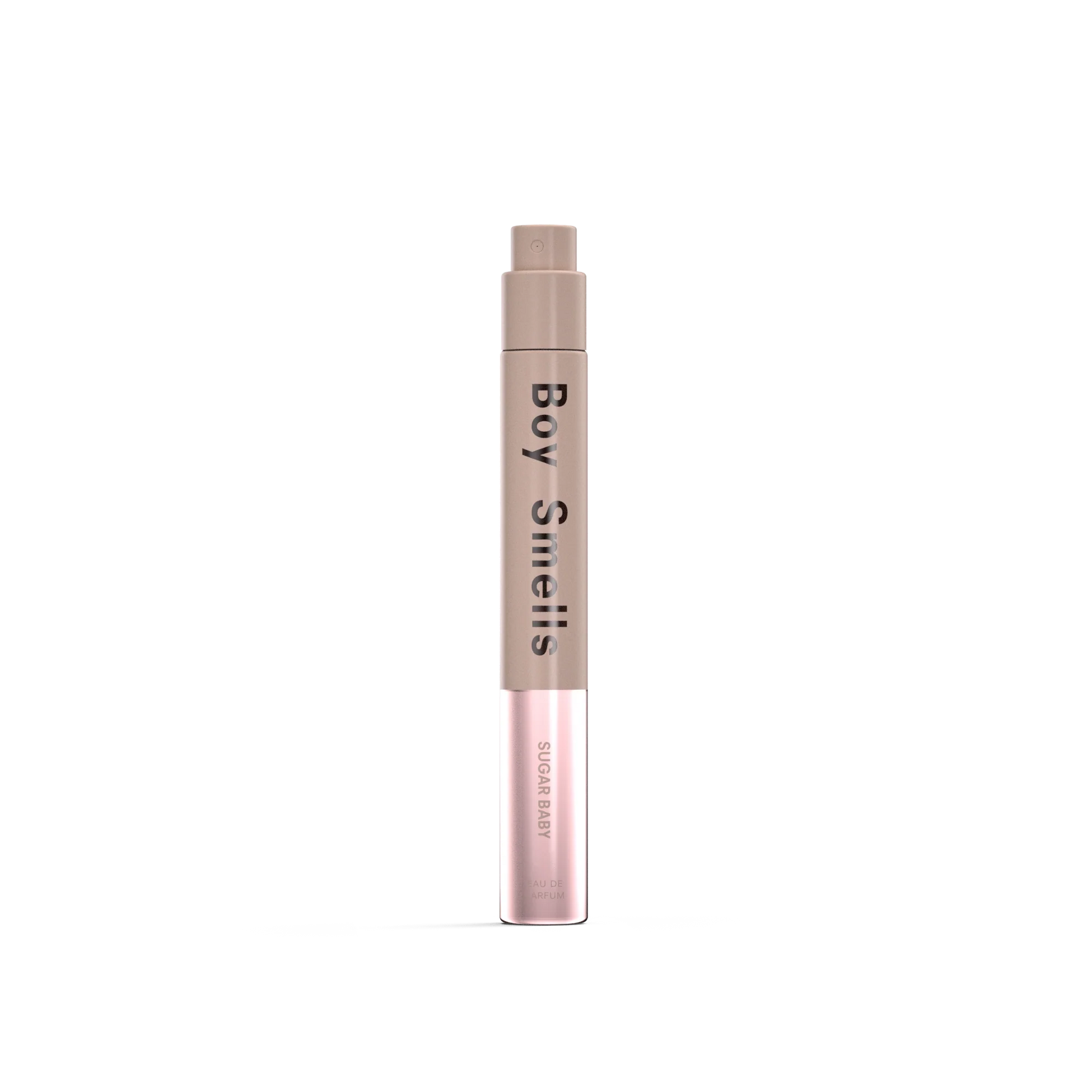 10 ml fragrance bottle, rose-pink cylinder with beige cap and Body Smiles label