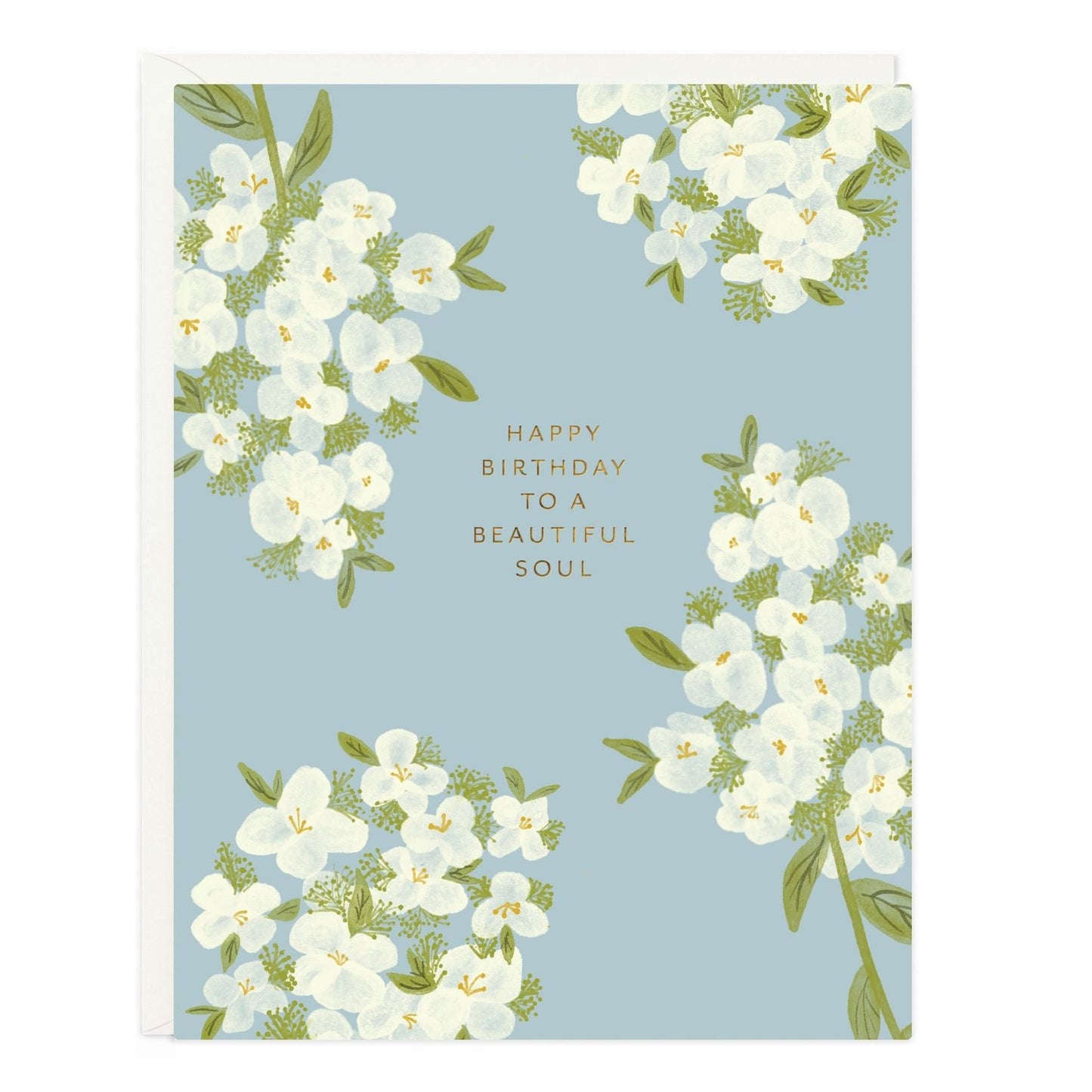 Birthday greeting card with white flowers; message reads 'Happy Birthday to a Beautiful Soul'