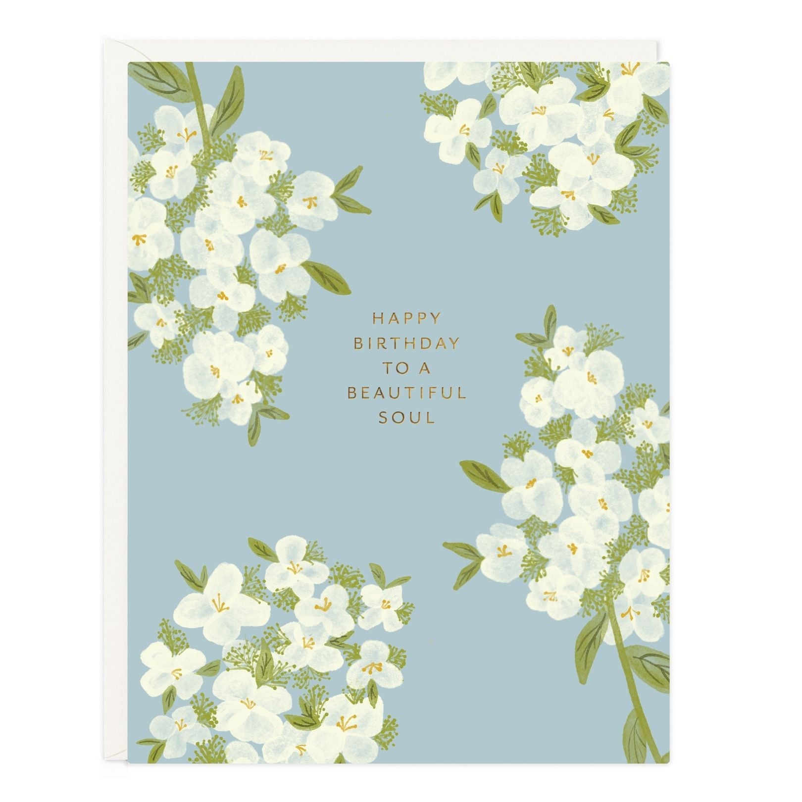 Birthday greeting card with white flowers; message reads 'Happy Birthday to a Beautiful Soul'