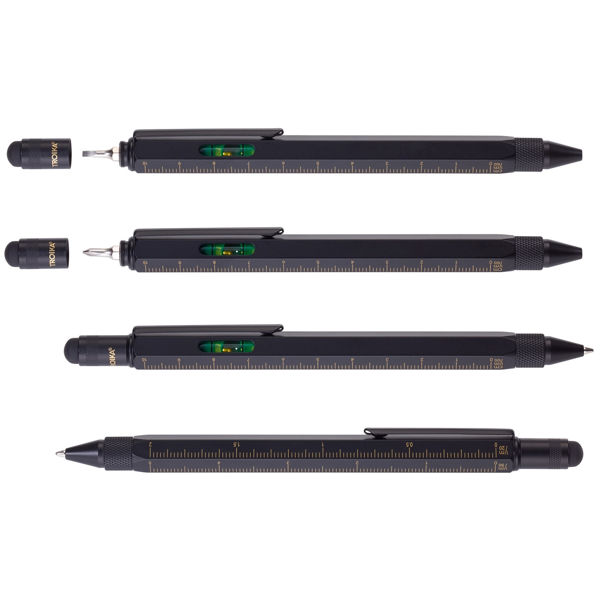 Set of black ballpoint measuring pens with ruler markings and bubble level details