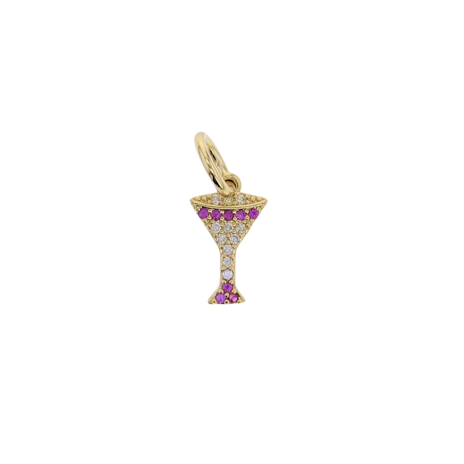 Martini glass CZ charm with purple crystal accents on gold-tone hoop bail