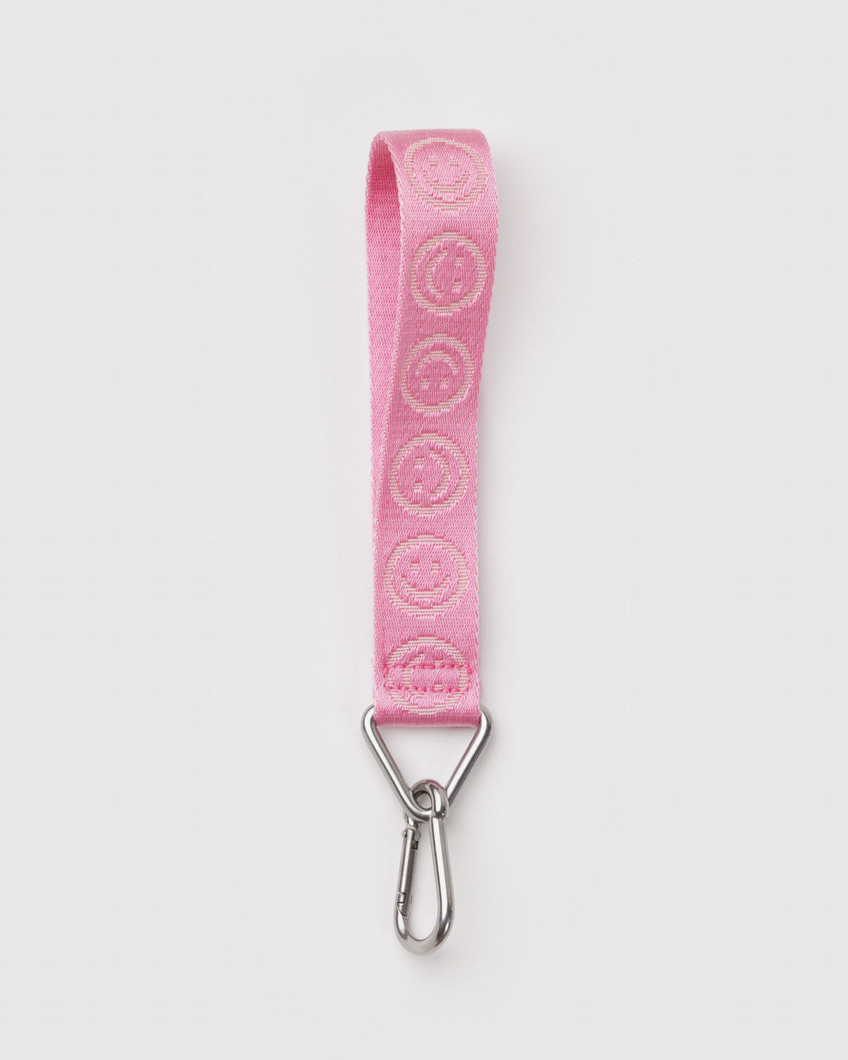 Pink fabric logo keychain strap with metal swivel clip and split key ring