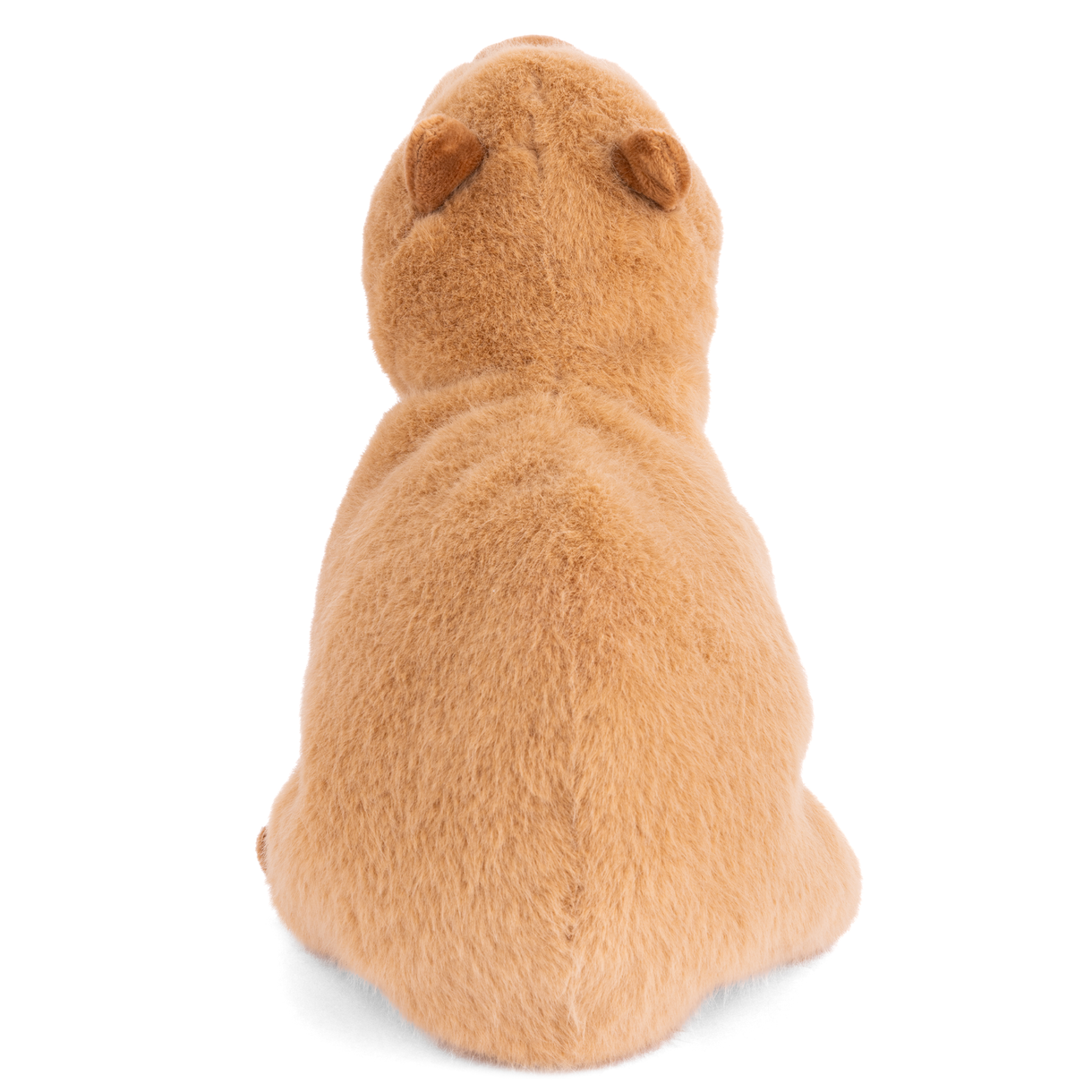 Capybara plush toy back view in tan fur with darker ear patches