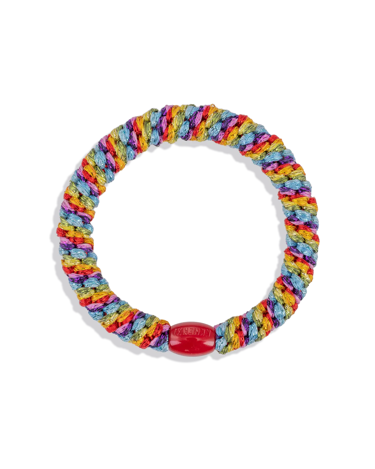 Woven rainbow glitter hair tie with bright multicolor threads and red center