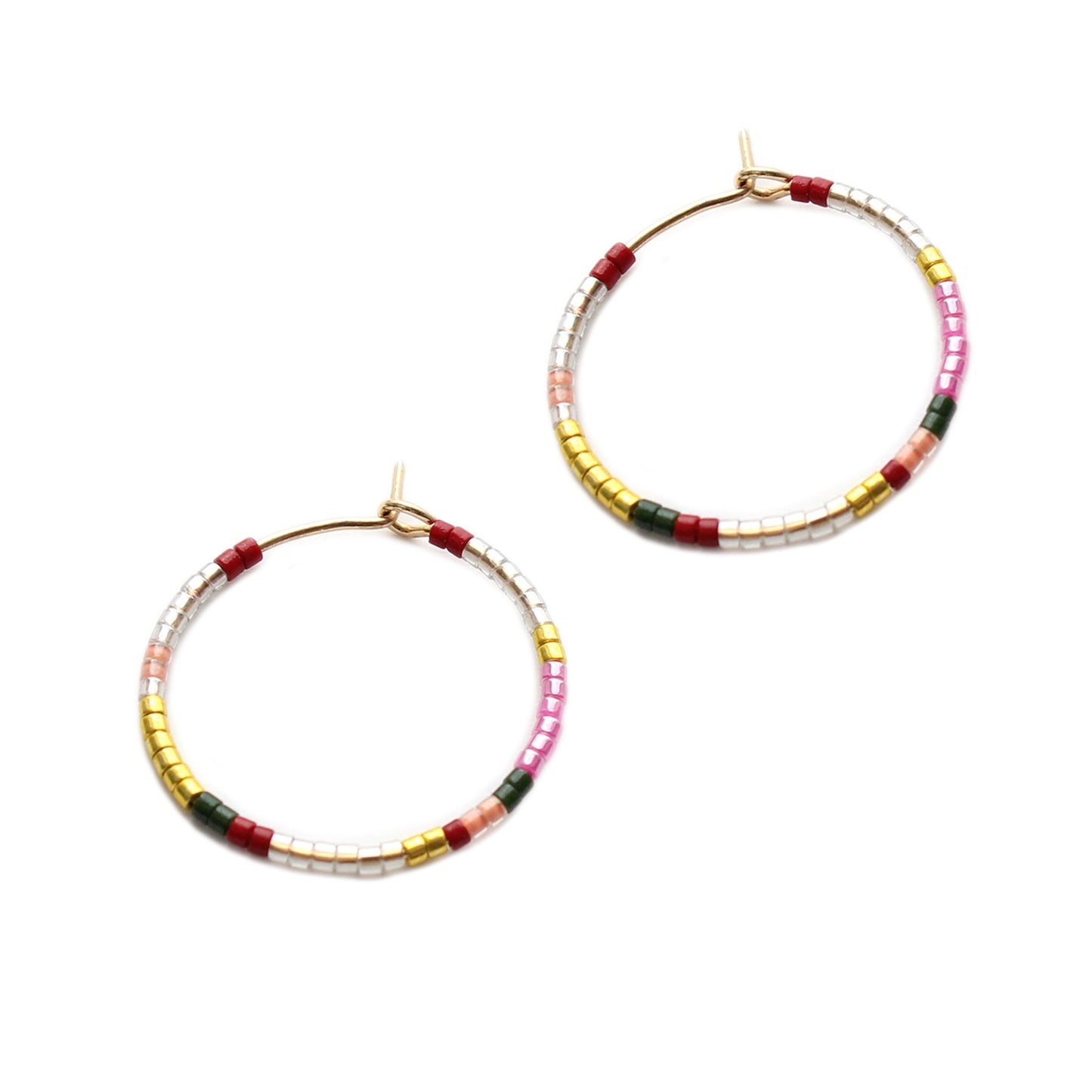Two silver-toned beaded hoop earrings with gold clasp and striped multicolor beads