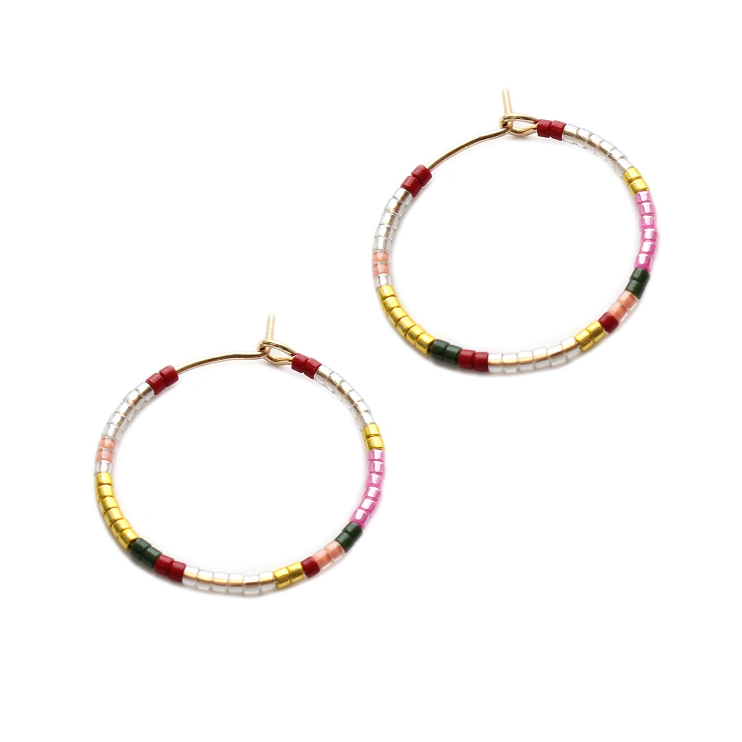 Two silver-toned beaded hoop earrings with gold clasp and striped multicolor beads