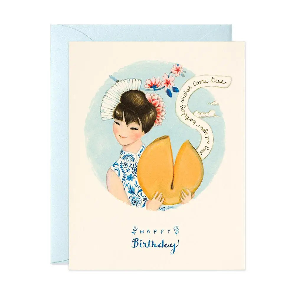 Birthday card with illustrated girl holding a fortune cookie, with "Happy Birthday" text