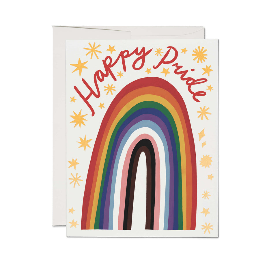 Rainbow pride foil greeting card with arched rainbow and Happy Pride text