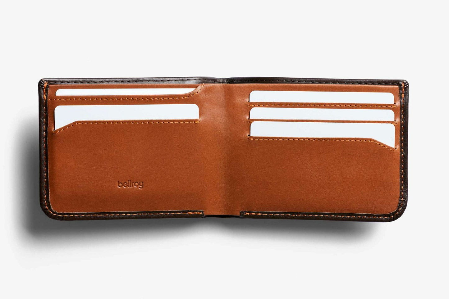 Tan leather wallet open view with card slots and central bill compartment
