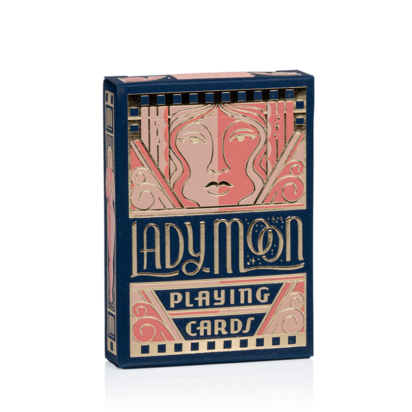 Moon-themed playing card box with illustrated face and gold “Lady Moon” title