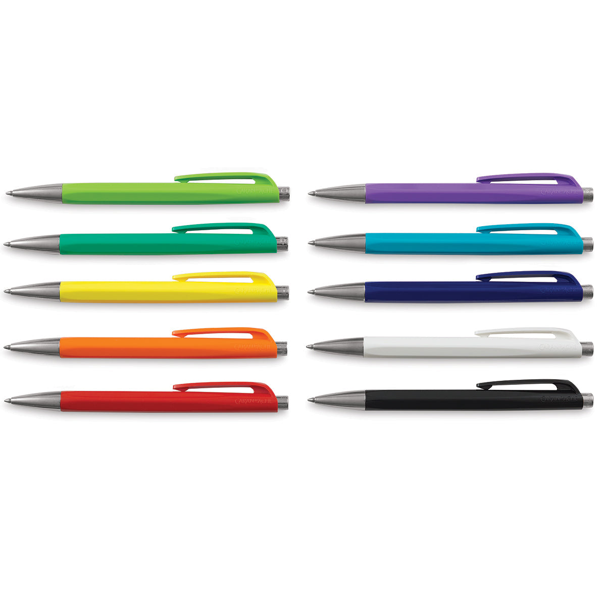 Multi-color ballpoint pen set with silver tips and clips