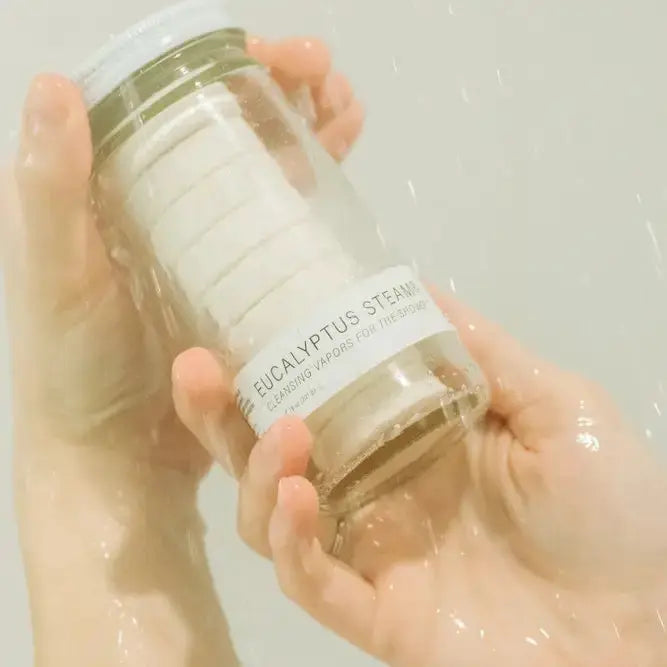 Eucalyptus Steam scented wax jar, clear glass with white lid and printed label
