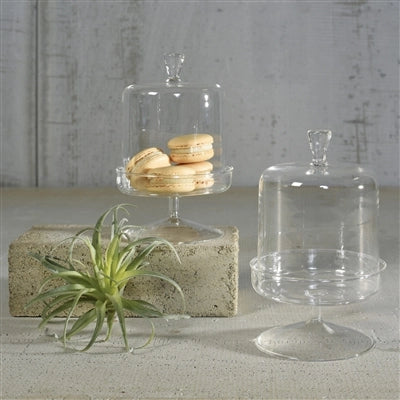 Clear glass dome cloche with round pedestal base and knob top for tabletop display