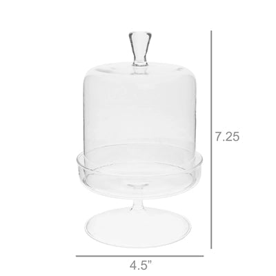 Clear glass cloche dome with pedestal base, 7.25 in tall, 4.5 in wide