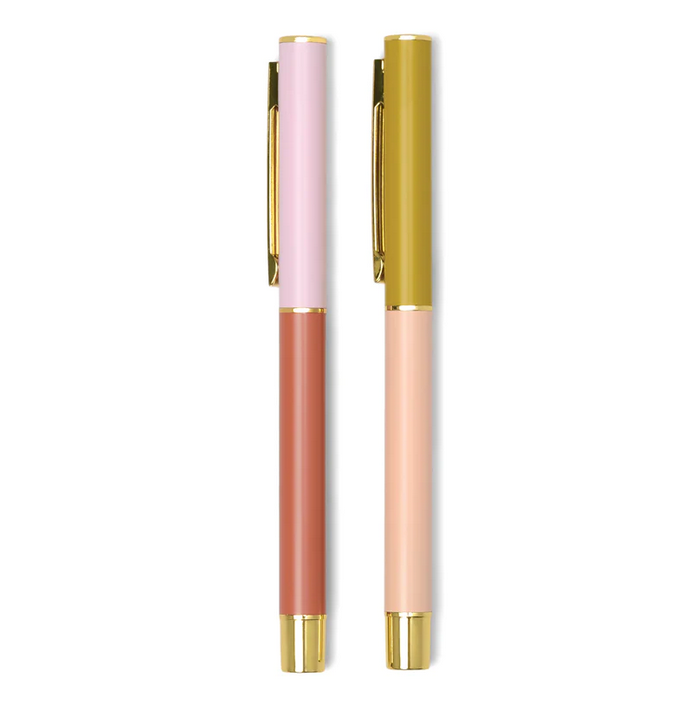 Set of 2 color block pens: pink/terracotta and gold/peach with gold caps