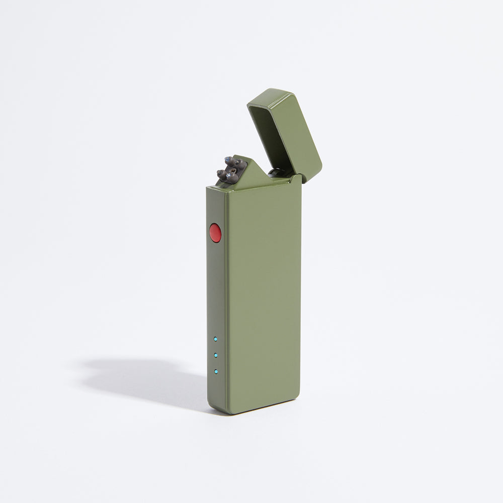 Olive green slim USB rechargeable double-arc lighter with open flip top