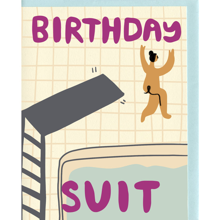 Birthday suit greeting card with purple "Birthday" and "Suit" text and raised legs graphic