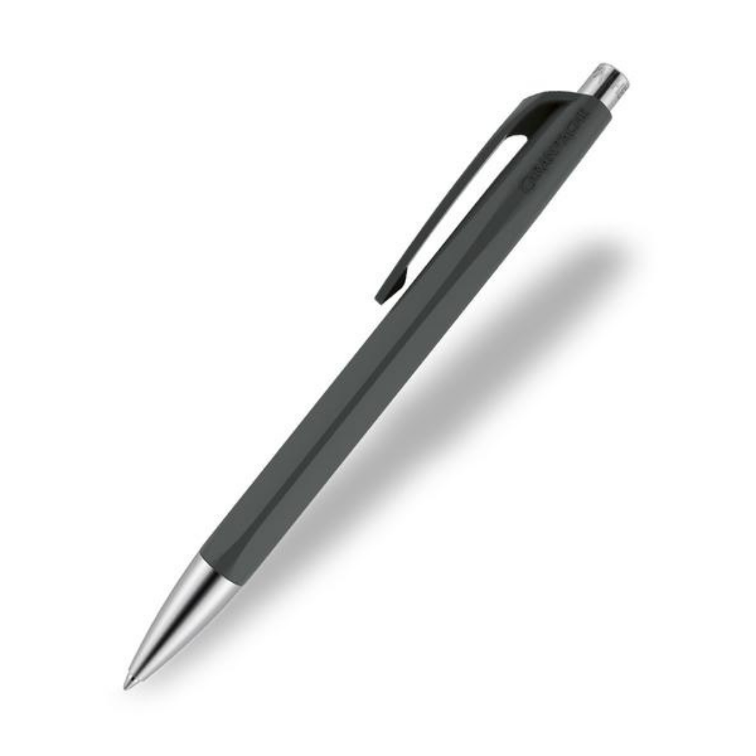 Charcoal gray ballpoint pen with silver tip and clip