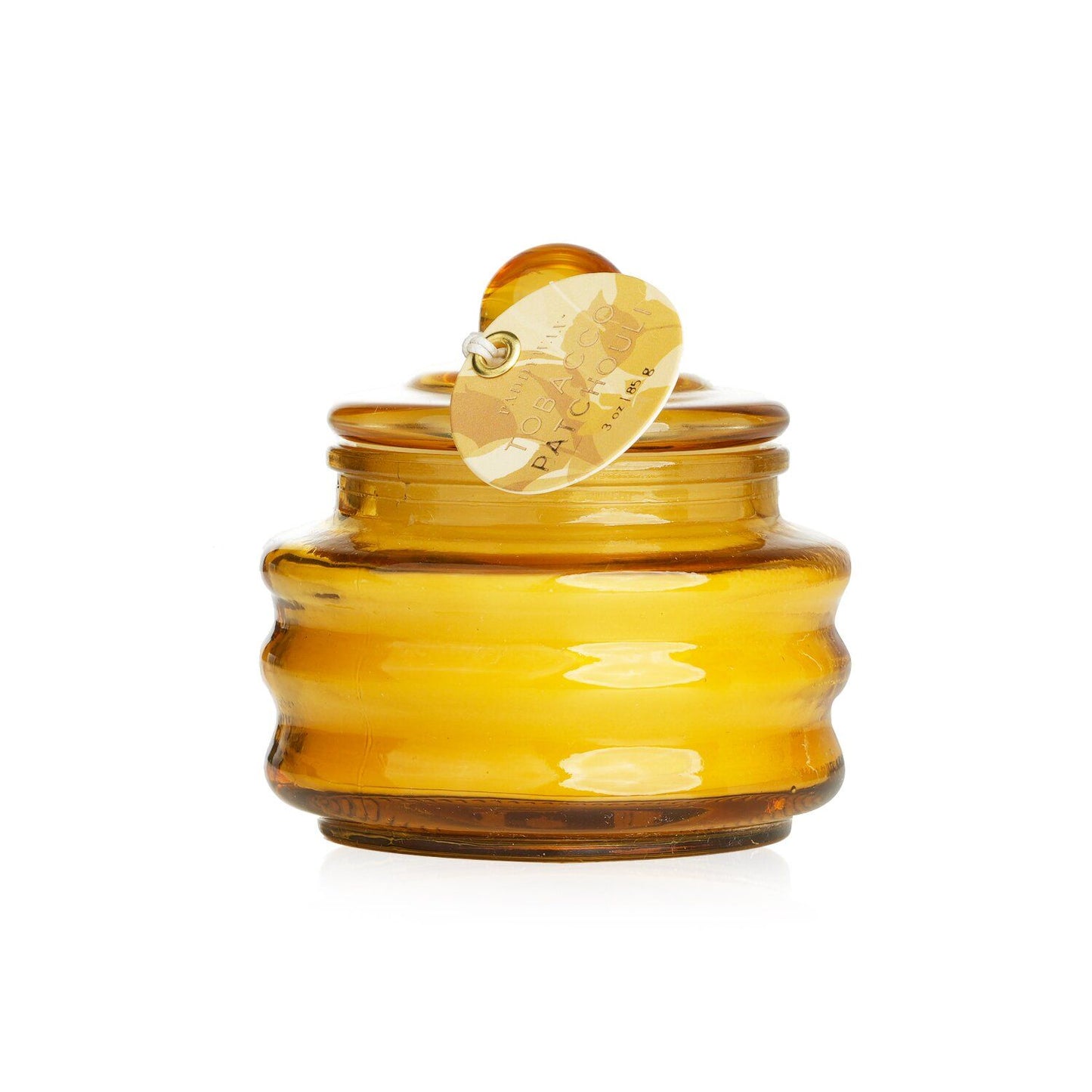 Beam candle in golden yellow glossy glass jar with round lid and hanging tag