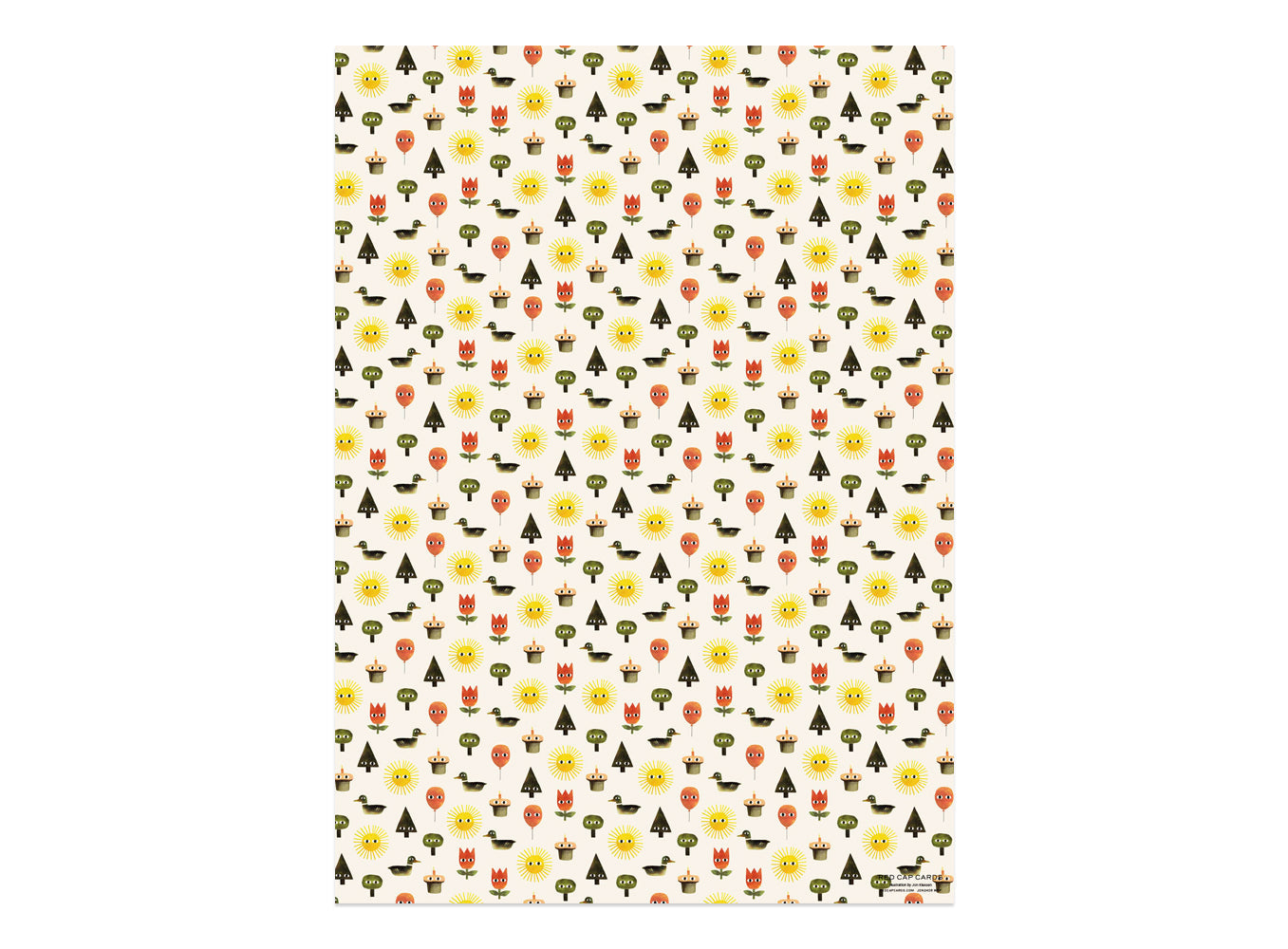 Farm-themed gift wrap sheet with repeating animals, trees, and sun icons