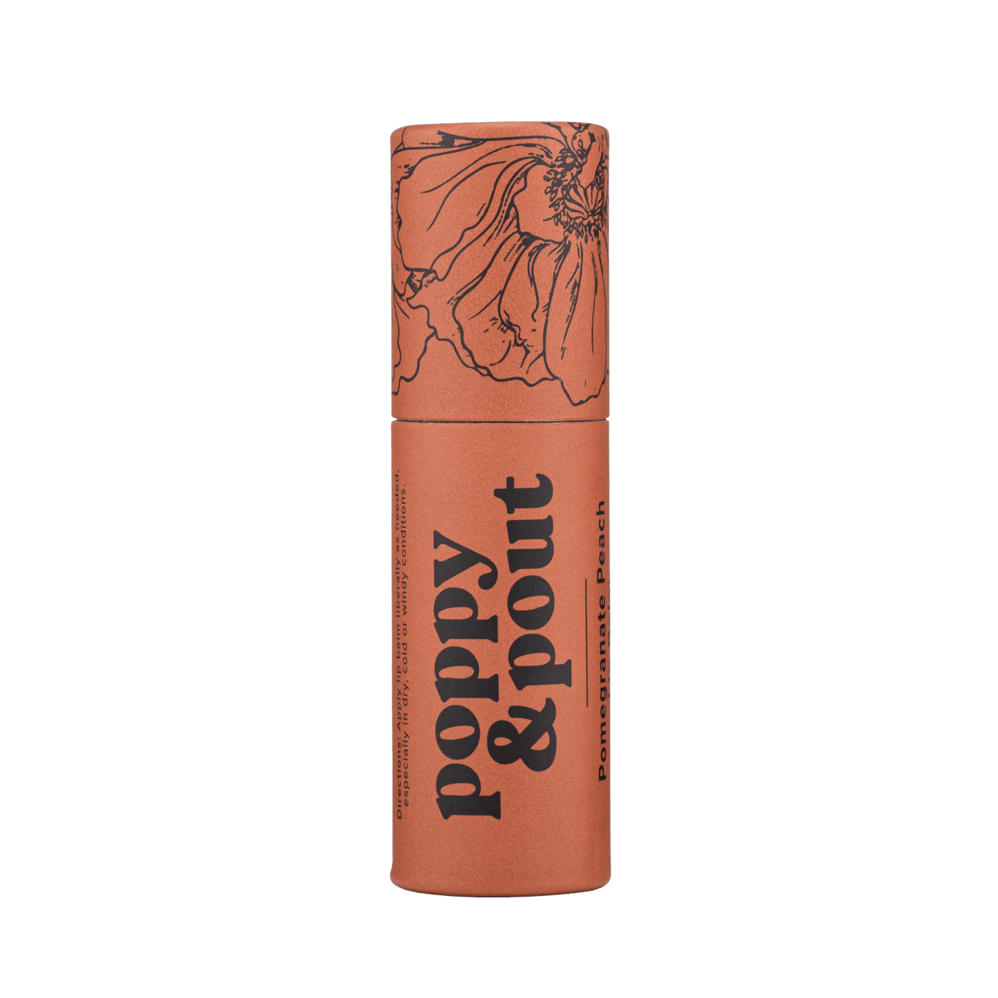 Lip balm tube with orange-pink color and twist cap, Poppy & Pout label