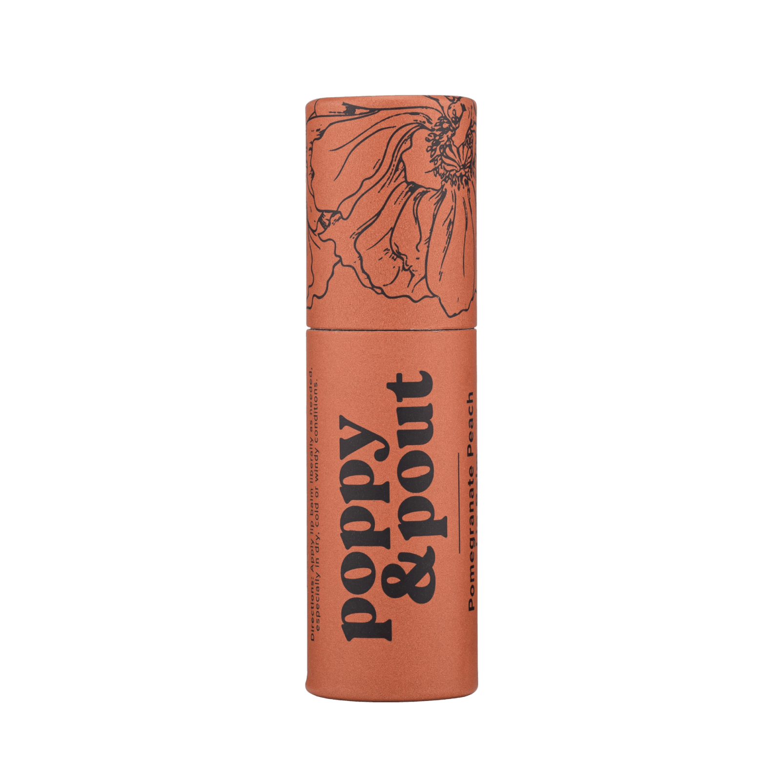 Lip balm tube with orange-pink color and twist cap, Poppy & Pout label