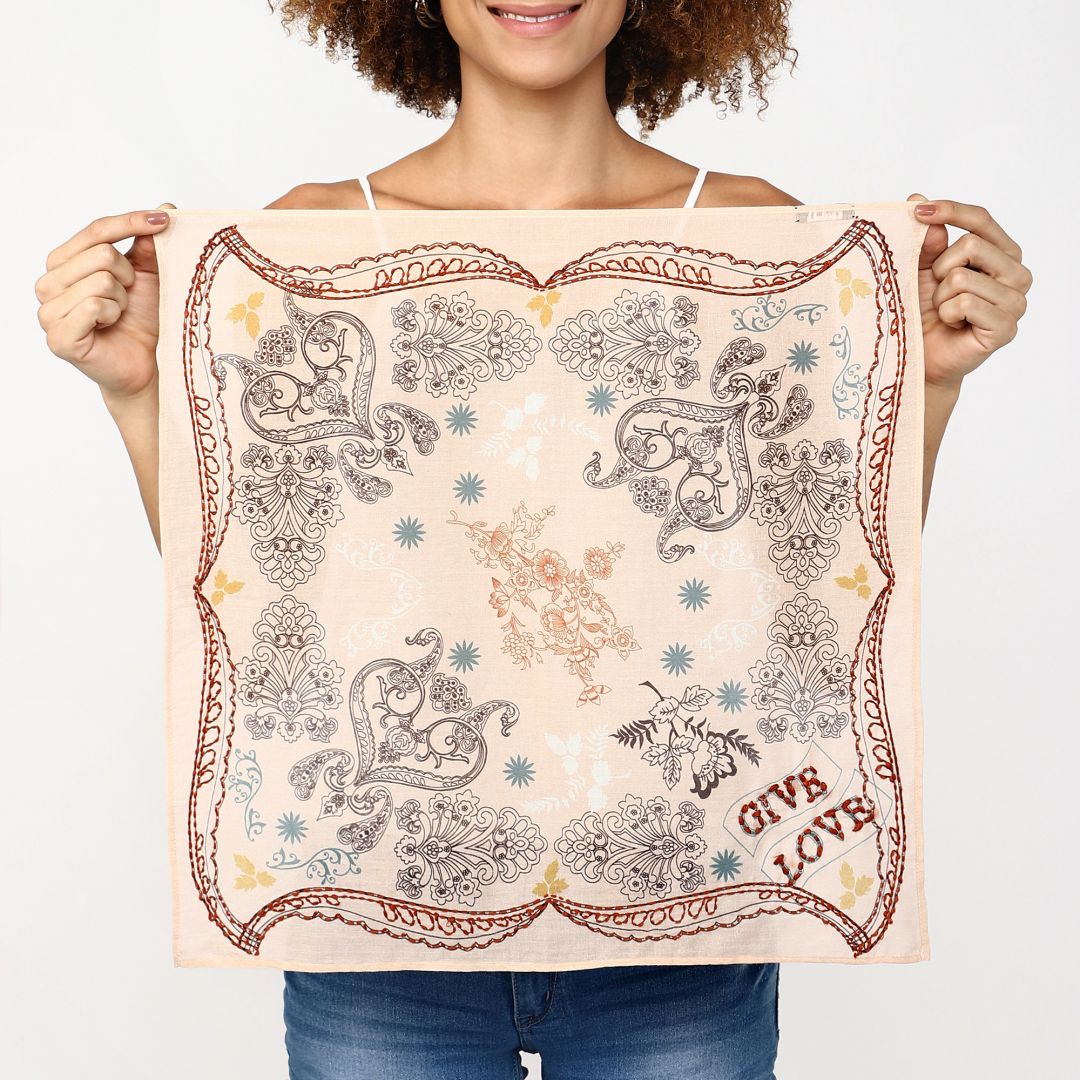 Beige embroidered bandana with red border, gray floral pattern, 'LOVE' corner text