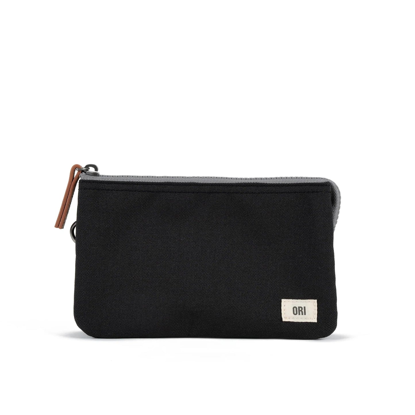 Medium recycled canvas zipper pouch, black with front patch and zipper pull