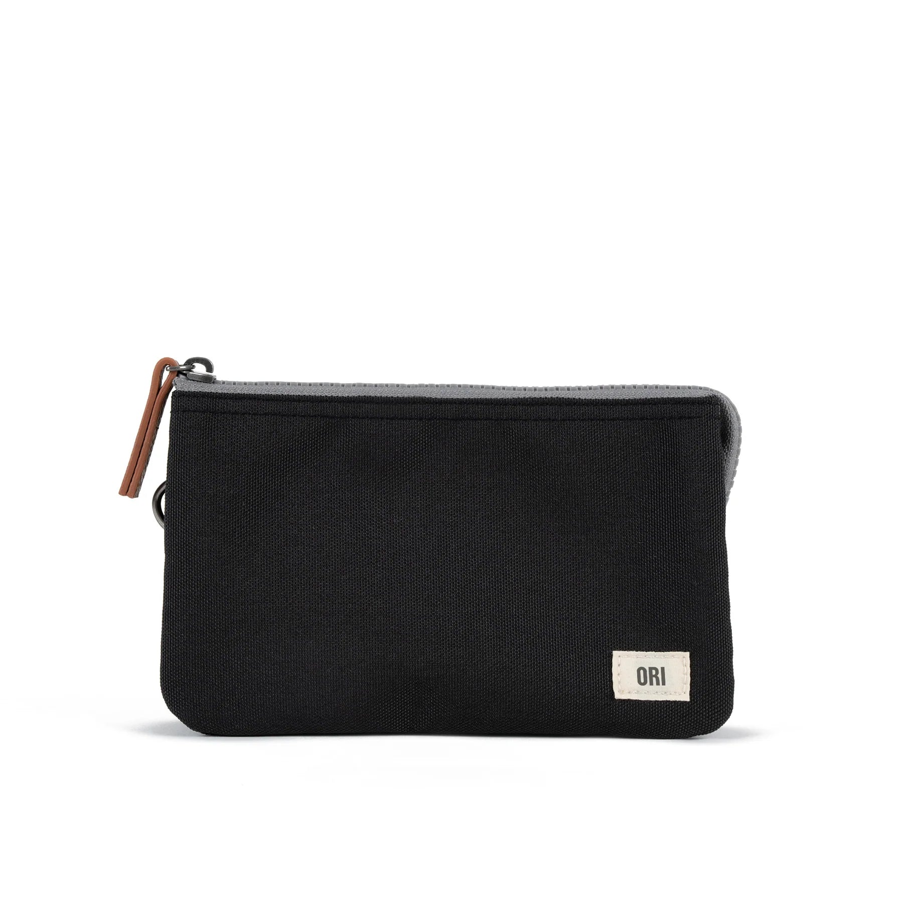 Medium recycled canvas zipper pouch, black with front patch and zipper pull