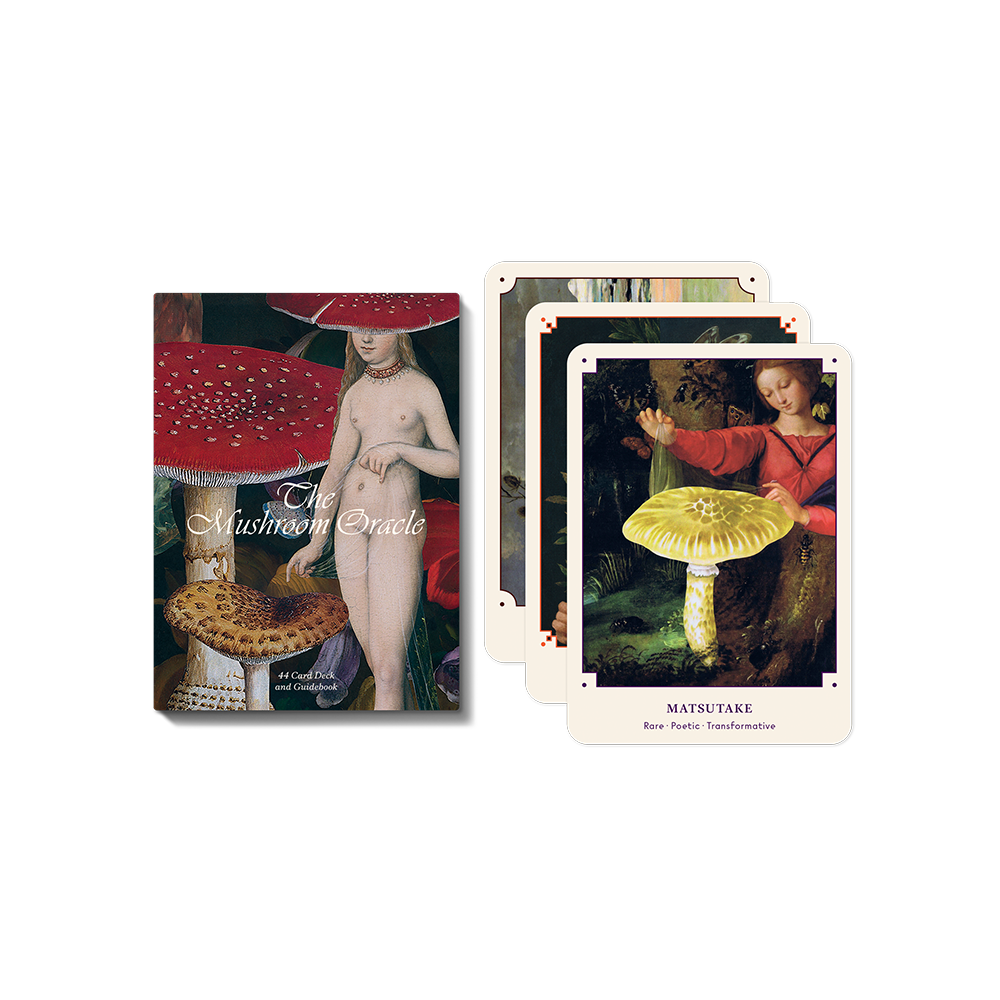 Oracle card deck in box with mushroom-themed cover and matching card backs