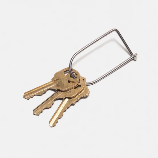 Silver metal keyring with four keys and a U-shaped loop