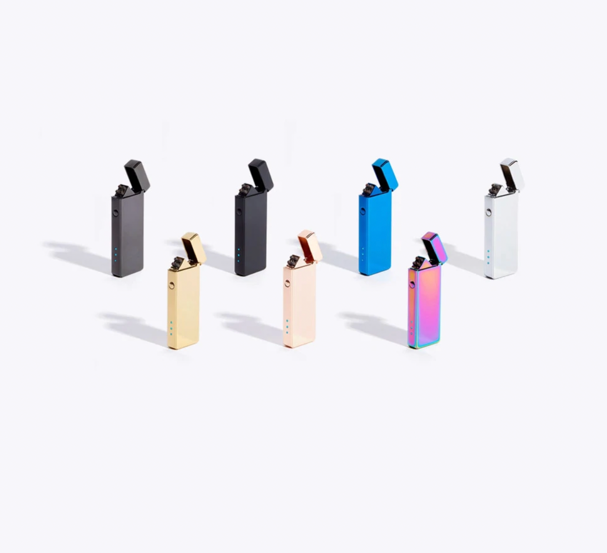 Assorted slim USB rechargeable double-arc lighters in multiple colors, open flip tops