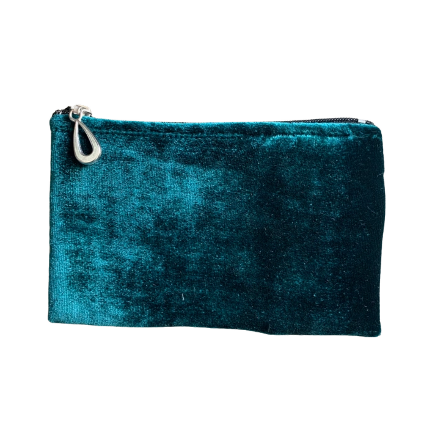 Small silk velvet pouch in teal with zip top and teardrop zipper pull.