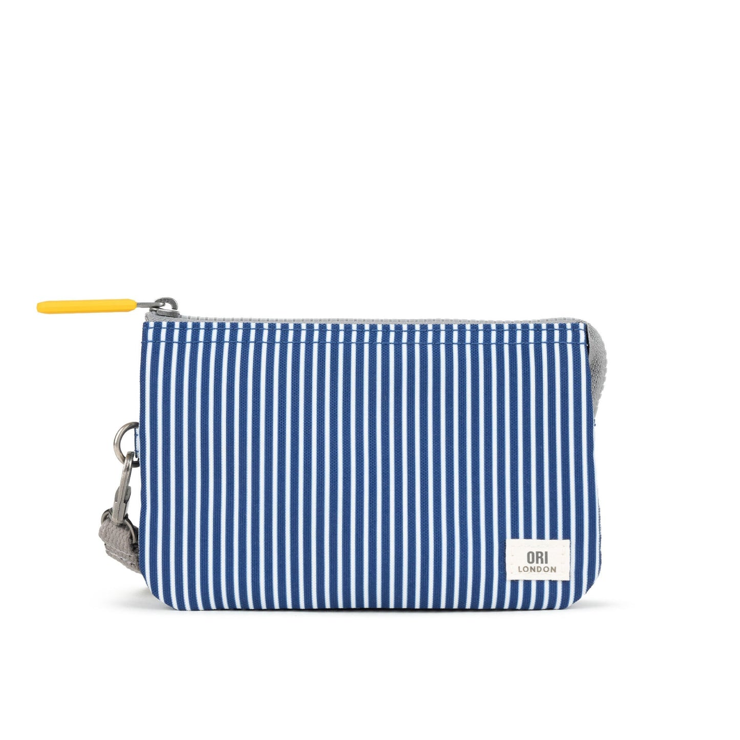 Medium recycled canvas zipper pouch, blue-and-white vertical stripe with front patch and label
