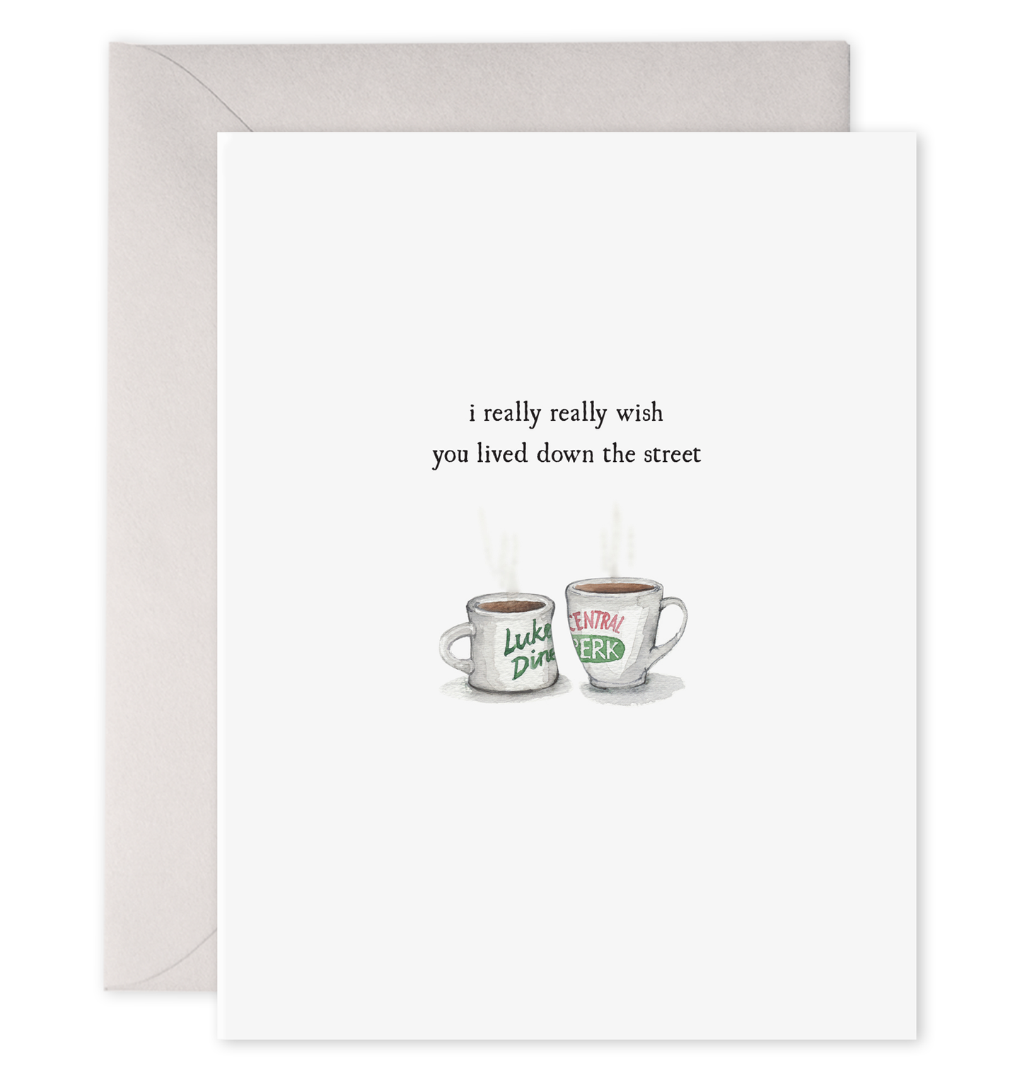 Coffee cups greeting card with printed wish and two coffee mugs, blank inside view