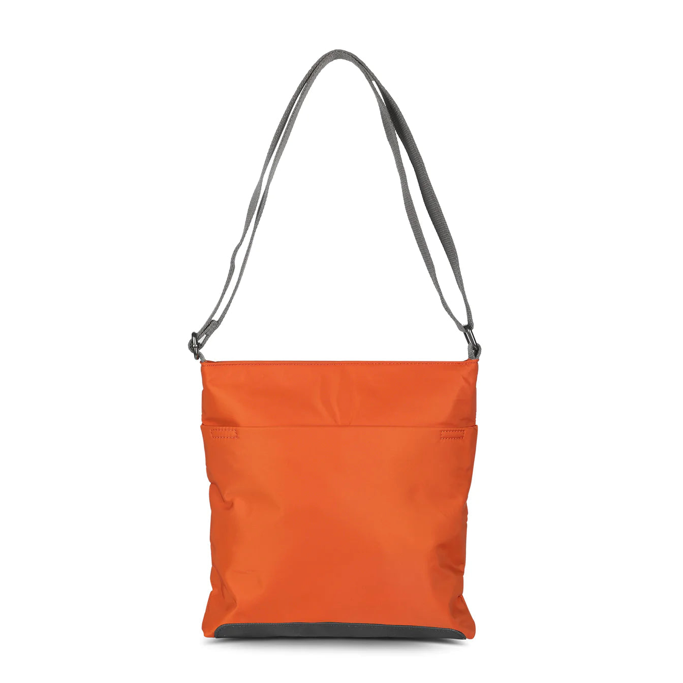 Burnt orange medium crossbody bag with gray adjustable shoulder straps