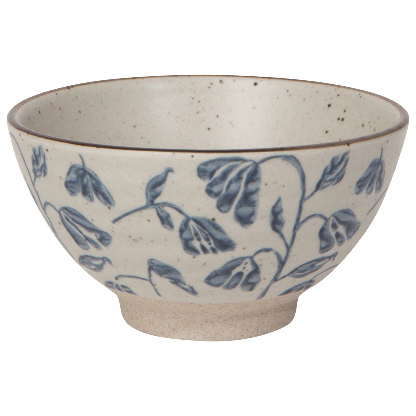 Small ceramic bowl, beige with speckled finish and blue leaf/plant pattern