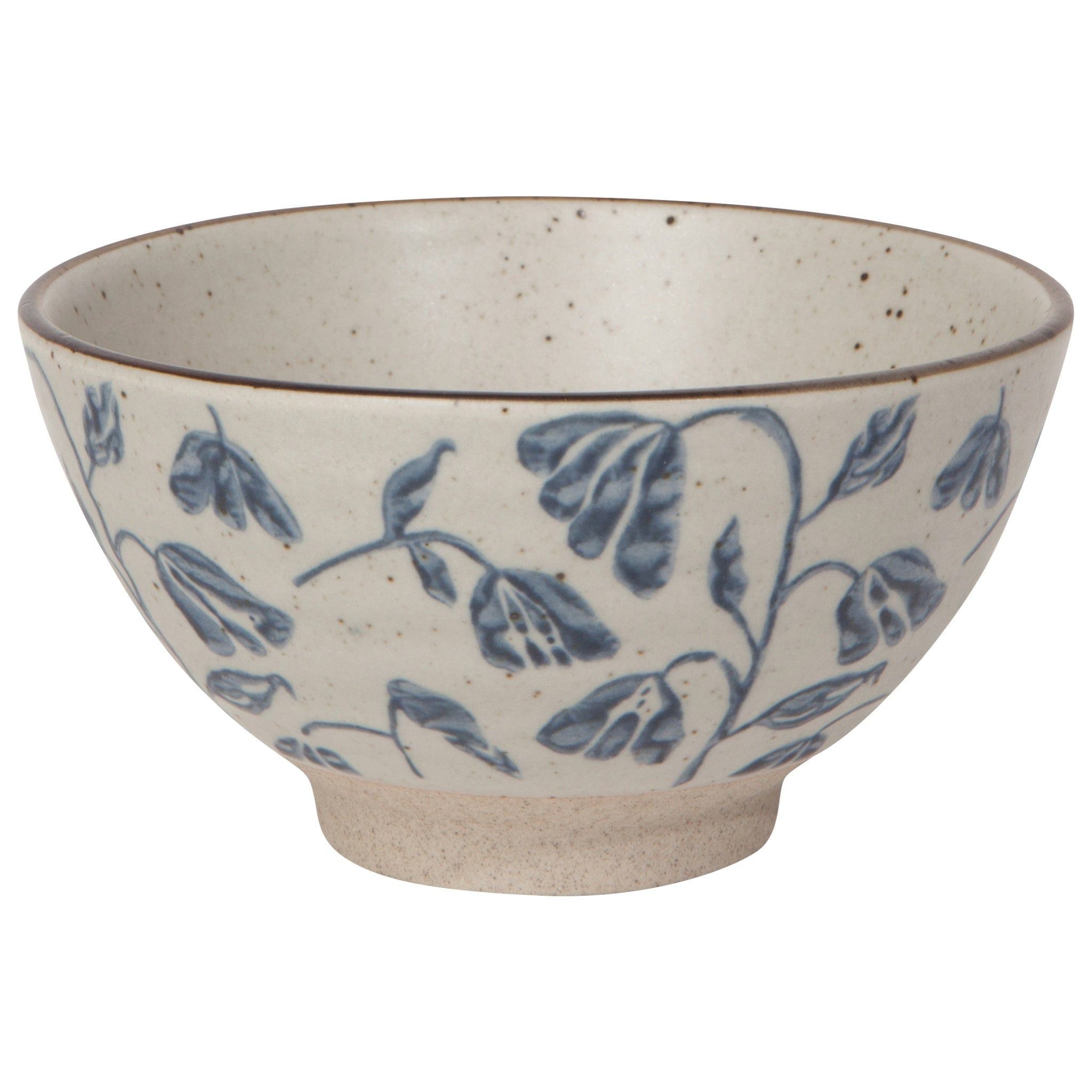 Small ceramic bowl, beige with speckled finish and blue leaf/plant pattern