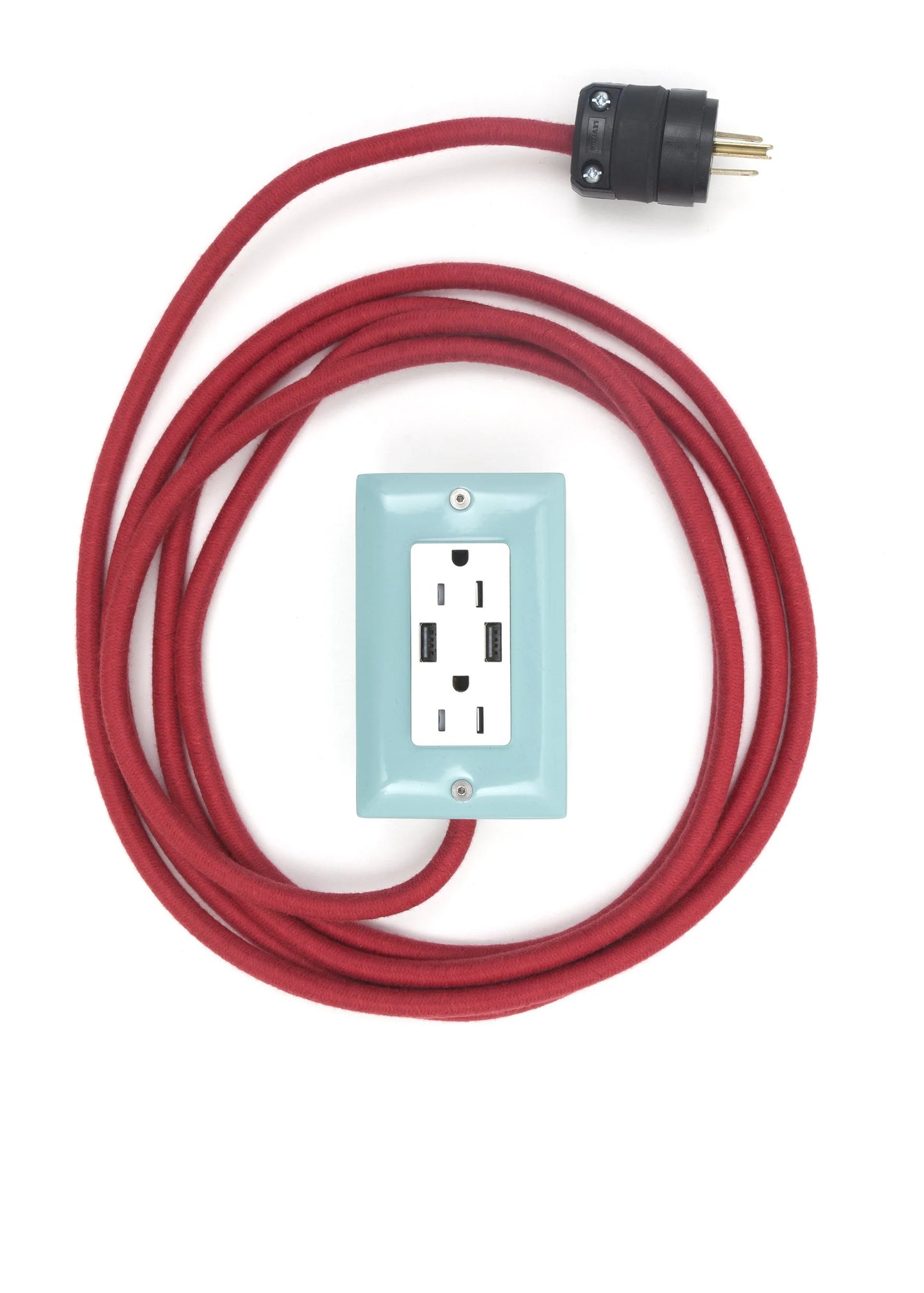 Dual outlet power cord with red braided cable and light blue outlet box